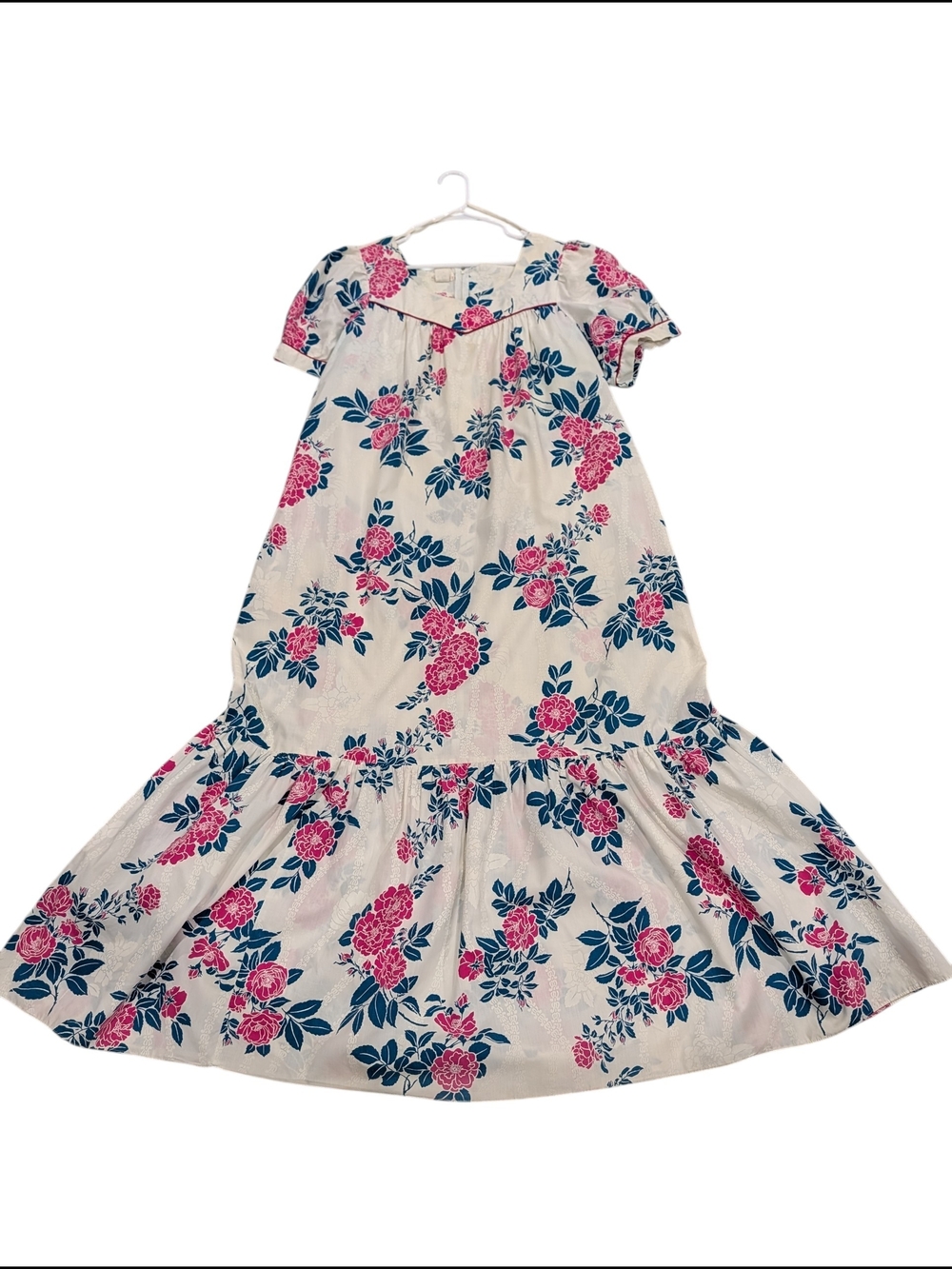 Vintage Hawaiian Muumuu Maxi Dress XL Pink Blue Floral Cottagecore Hawaii Ruffle